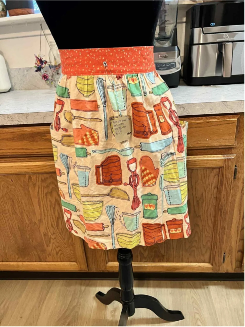 Handmade Cotton Apron Retro Kitchen Utensil Print Orange Waistband M/L Pockets